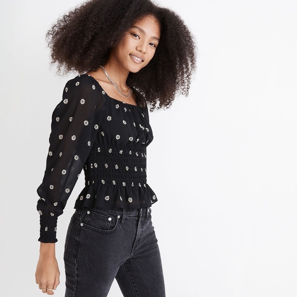 NEW MADEWELL (Re)sourced Georgette Square-Neck Smock-Waist Top long sleeve - Picture 2 of 9